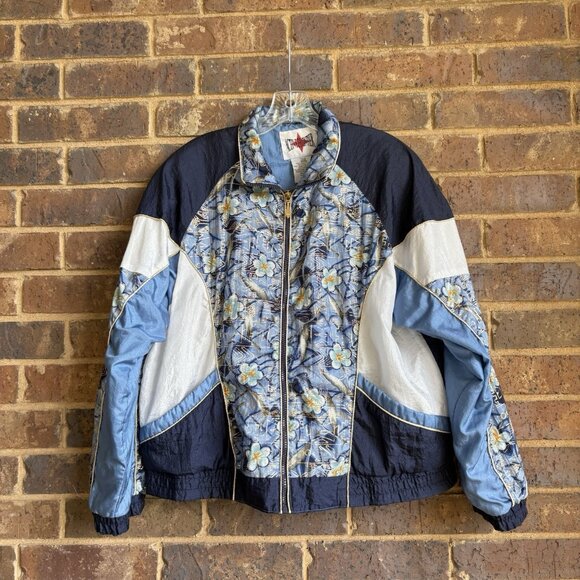 Vintage Active Frontier Windbreaker Petite Large Floral Full Zip Y2K Blue Gold - Picture 1 of 3